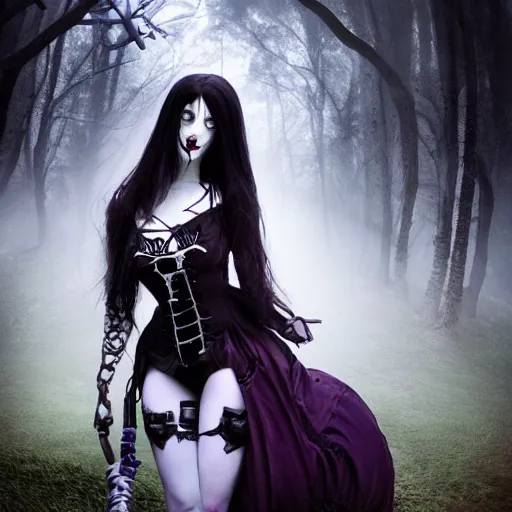 Image similar to american mcgee's vampire goth cyborg alice in lavender madness land sharp focus hyperrealistic cinematic forest of fog sharp portrait