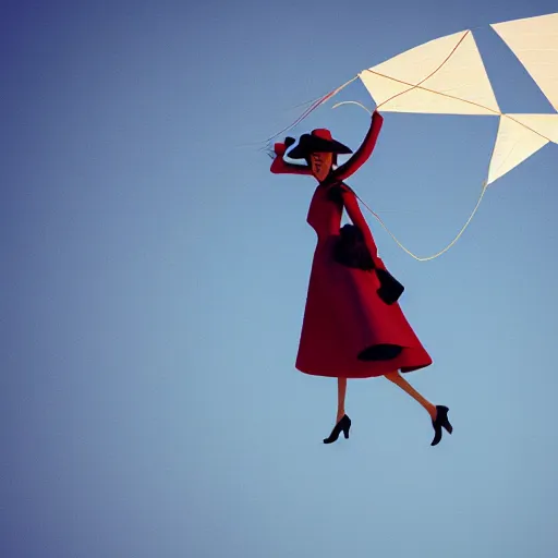 Image similar to mary poppins holding a two - line mattress kite being blown to the sky by the strong wind. 3 d octane render