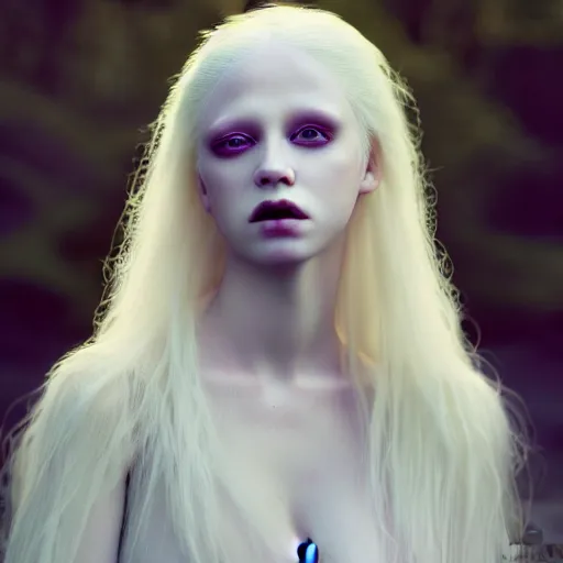 Image similar to photographic portrait of a stunningly beautiful albino gothic female in soft dreamy light at sunset, contemporary fashion shoot, by edward robert hughes, annie leibovitz and steve mccurry, david lazar, jimmy nelsson, breathtaking, 8 k resolution, extremely detailed, beautiful, establishing shot, artistic, hyperrealistic, beautiful face, octane render