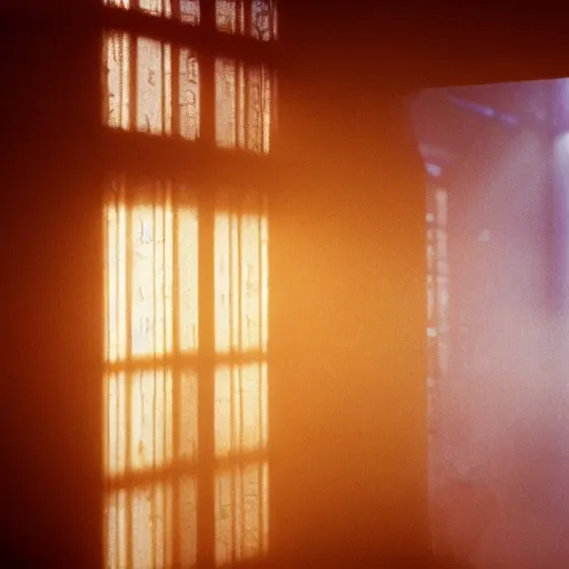 Prompt: color photography of deckard's apartment in blade runner, evening, beams of golden dusty light filtering through window, narrow depth of field, moody