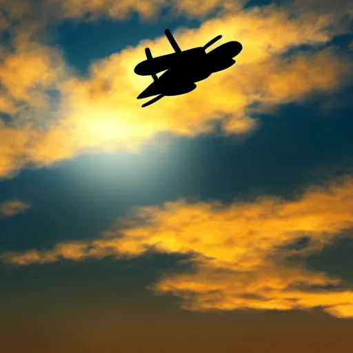 Image similar to the silhouette of a biplane flying through golden clouds at sunset, digital art, detailed, 4 k, artstation