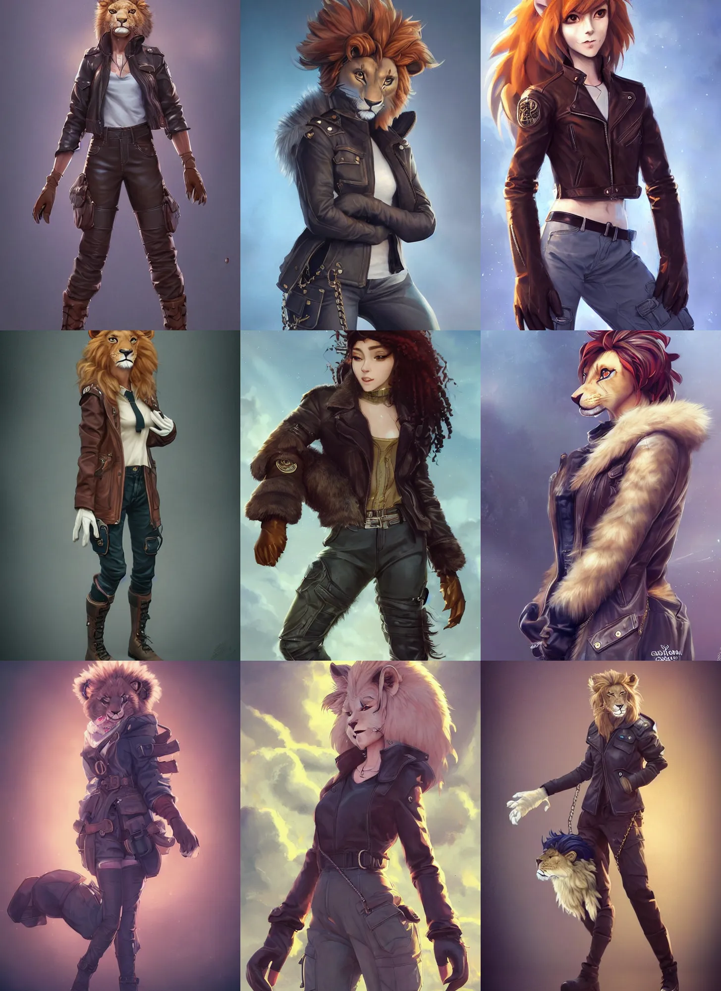 Prompt: beautiful portrait of a female anthropomorphic lion fursona wearing a open leather jacket. leather gloves. leather boots. cargo pants. pocket chain. character design by charlie bowater, ross tran, artgerm, and makoto shinkai, detailed, soft lighting, rendered in octane