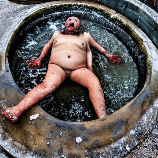 Prompt: a person bathing in sewage, portrait photograph