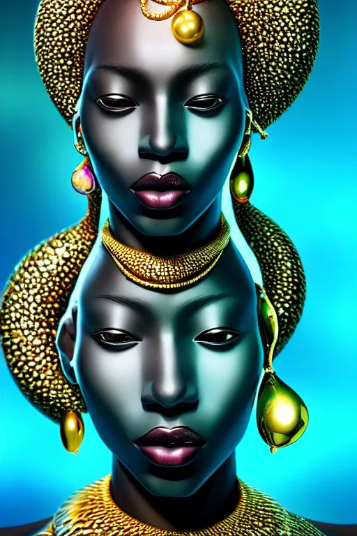 Image similar to hyperrealistic futurist full body cinematic very expressive! translucent african goddess underwater scene, gold jewerly, highly detailed face, digital art masterpiece, smooth eric zener cam de leon, dramatic pearlescent turquoise light on one side, low angle uhd 8 k, shallow depth of field