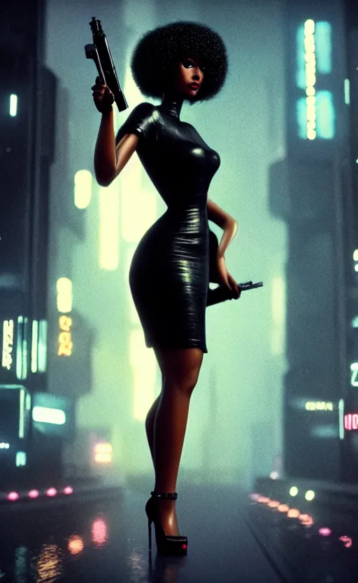 Prompt: hyper - realistic, a beautiful black femme fatale woman wearing a short dress and heels, holding a pistol, blade runner city, neo - noir aesthetic, cinematic composition, cinematic colors, 3 5 mm film, roger deakins style, realistic film, no signature, 8 k