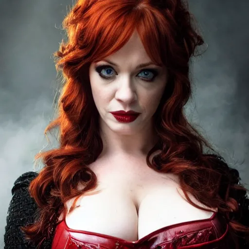 Prompt: full body photo of christina hendricks as a vampire warrior with weapons