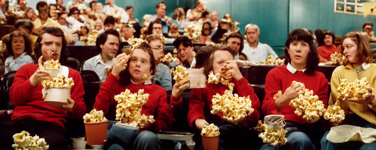 Image similar to people at the movies eating spaghetti out of a popcorn container, kodachrome, in the style of wes anderson, retro