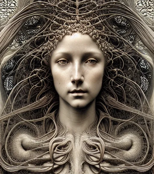 Image similar to detailed realistic beautiful beach goddess face portrait by jean delville, gustave dore, iris van herpen and marco mazzoni, art forms of nature by ernst haeckel, art nouveau, symbolist, visionary, gothic, neo - gothic, pre - raphaelite, fractal lace, intricate alien botanicals, ai biodiversity, surreality, hyperdetailed ultrasharp octane render