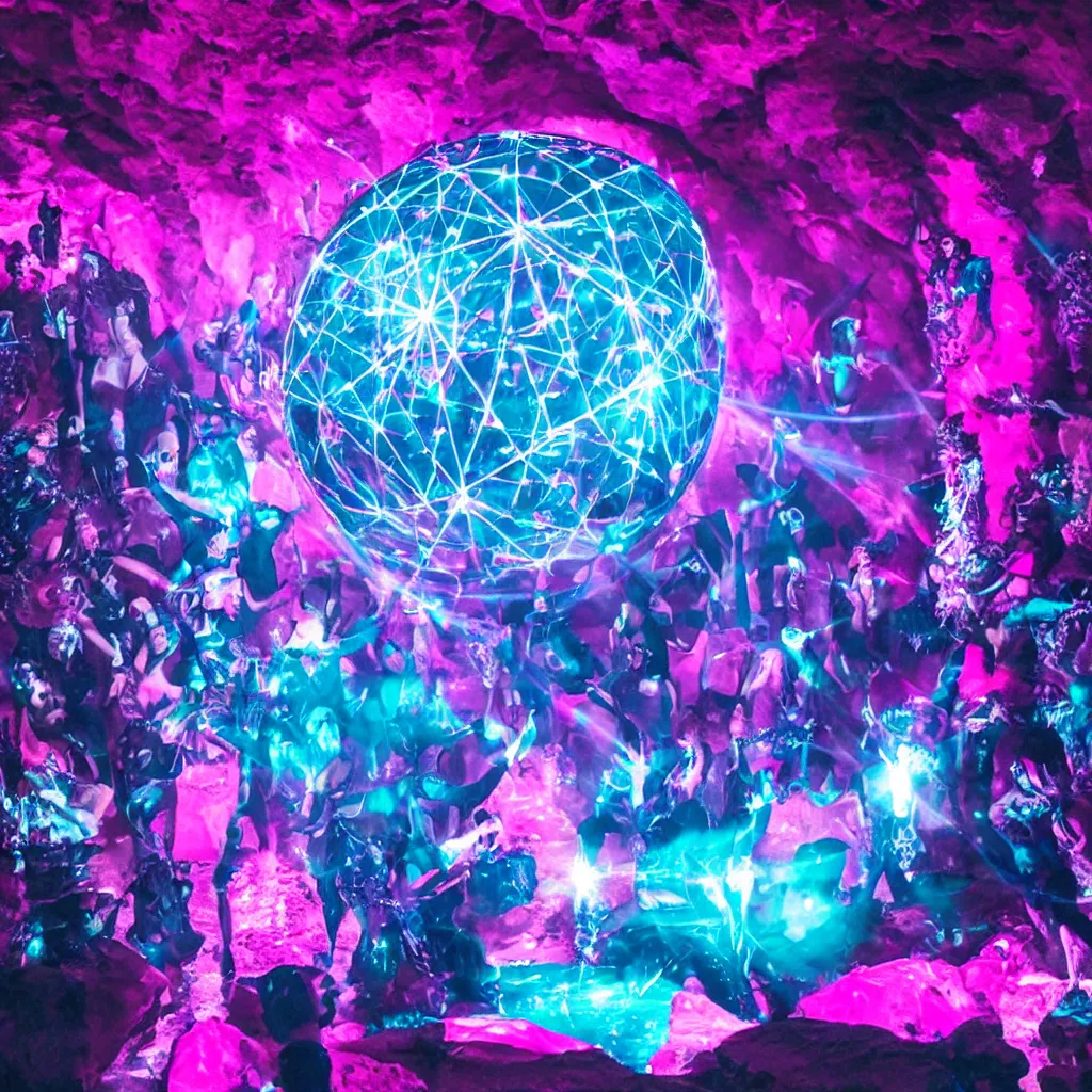 Image similar to goth disco in a cave with pink lasers and blue crystals forming a sphere of knives