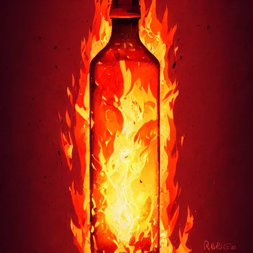 Prompt: closeup shot of a bottle with fire coming out, detailed digital illustration by greg rutkowski