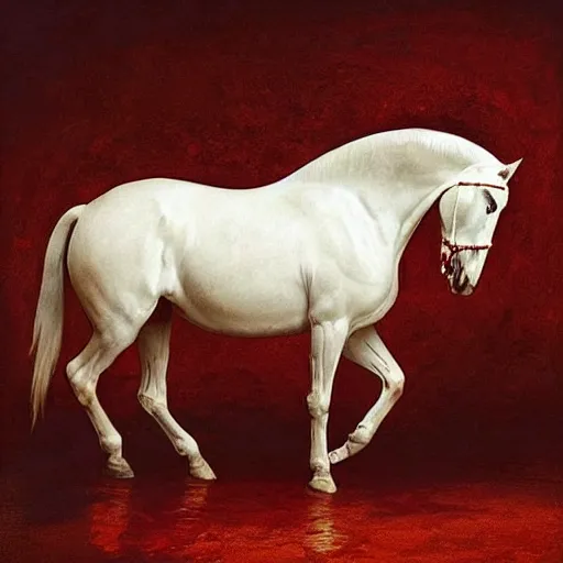 Image similar to an all white horse, with no facial features, like a white mask pulled over their face, full body laying in a blood red pool of water there is an overhead glowing floating golden mirror frame, inspired by the bohemian grove sacrifice ritual and outside the mirror frame is a deep space, physically accurate, dynamic lighting, intricate, elegant, highly detailed, very very Roberto Ferri, sharp focus, very very unsettling, very terrifying, illustration, art