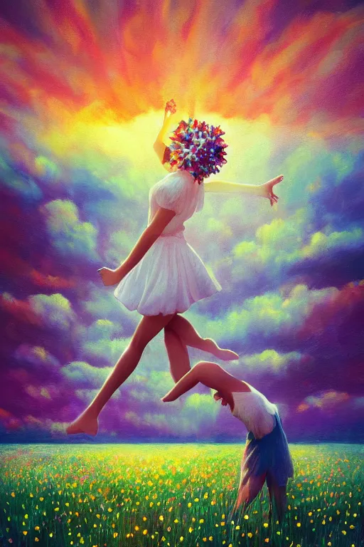 Image similar to exploding white daisy flower as head, girl dancing in a flower field, surreal photography, sunrise, dramatic light, impressionist painting, colorful clouds, digital painting, artstation, simon stalenhag