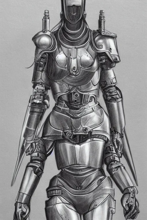 Prompt: pencil drawing, fantasy futurism, medieval female knight with cybernetic implants and modern devices