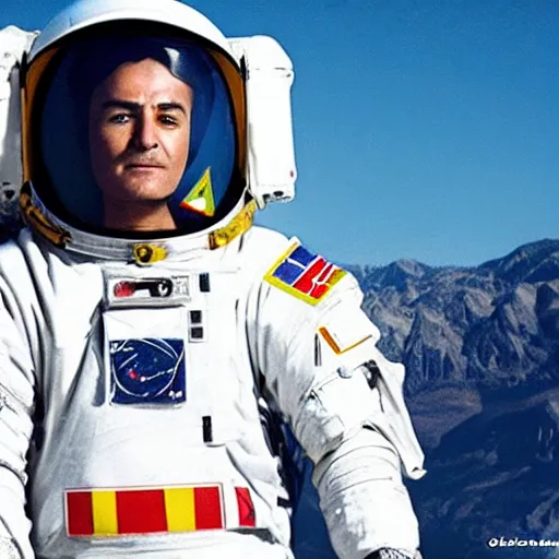 Image similar to close - up of a kurdish astronaut wearing a kurdistan flag badge in a movie directed by christopher nolan, movie still frame, promotional image, imax 7 0 mm footage