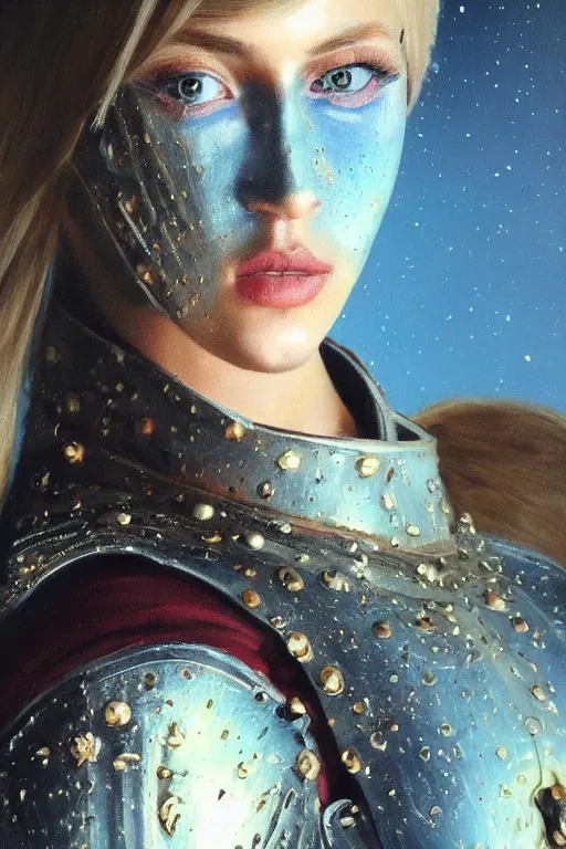 Image similar to hyperrealism oil painting, close - up portrait of european medieval blond fashion model, knight, steel gradient mixed with nebula sky, in style of baroque