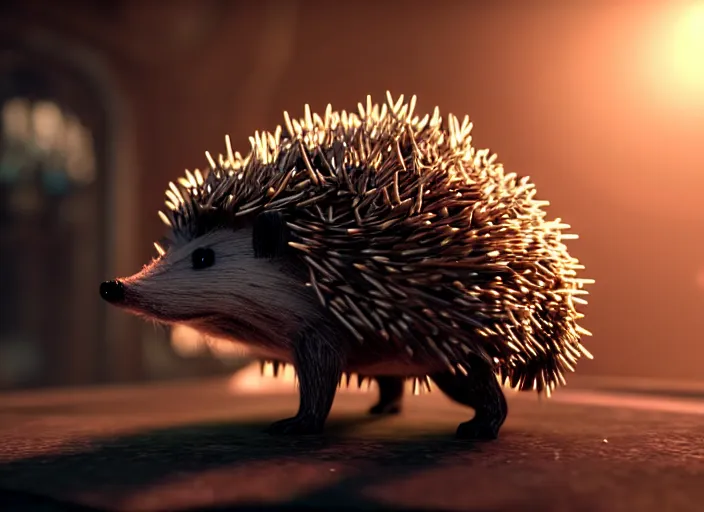 Prompt: intricate hedgehog with metal nails instead of needles, on the background of a weird magical mechanical forest. Very detailed 8k. Fantasy cyberpunk horror. Sharp. Cinematic post-processing. Unreal engine. Nanite. Ray tracing. Parallax. Tessellation