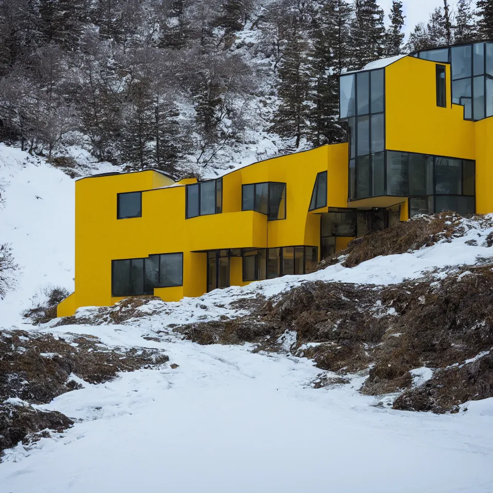 Prompt: an asphalt road leading to a mid-century modern house with large windows on top of a cliff in the arctic, covered with snow, designed by Frank Gehry. Big tiles. Film grain, cinematic, yellow hue