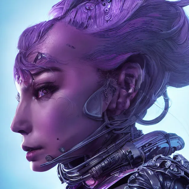 Image similar to facial portrait of a woman in powerful purple sci - fi armor with a black ponytail, elegant, stoic, intense, ultrafine hyperdetailed illustration by kim jung gi, irakli nadar, intricate linework, sharp focus, bright colors, octopath traveler, final fantasy, unreal engine 5 highly rendered, global illumination, radiant light, detailed, intricate environment