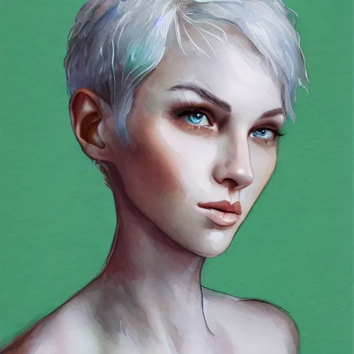 Image similar to short white haired girl, green eyes, portrait, watercolor, artstation, highly detailed, cute, by Ross tram