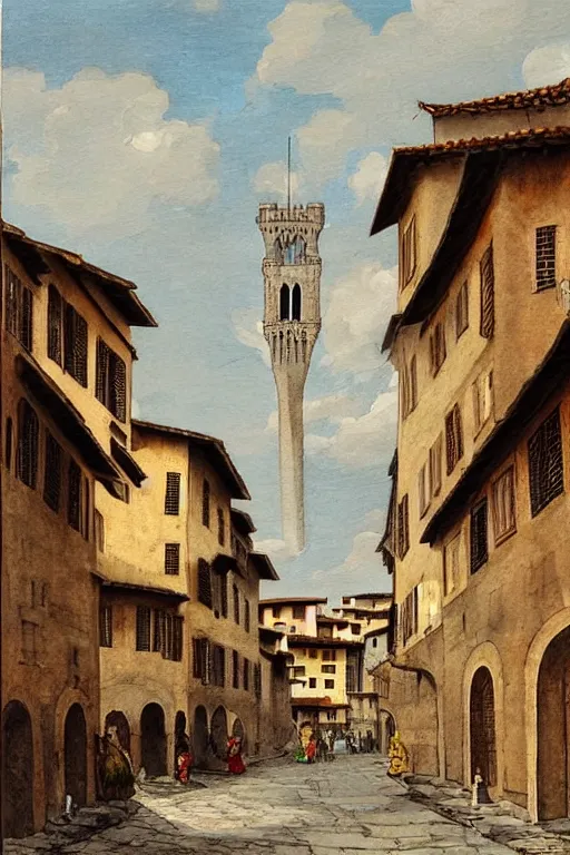 Prompt: florence old street in 1 6 th century with a tower in background by hiroshi yoshida, trending on artstation