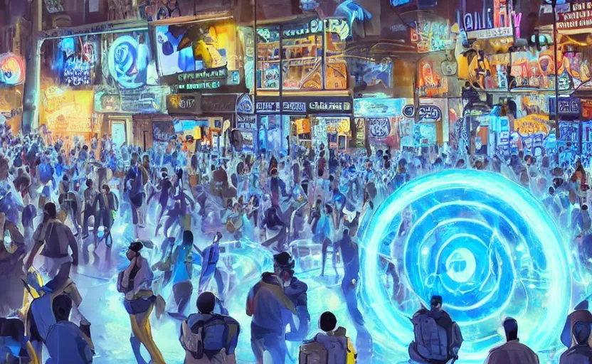 Image similar to crowd of crazy people with posters attacking cops in front a huge blue spiral - shaped bright white luminous attractor that is floating and stores in los angeles with light screens all over the street, concept art, art for the game, professional lighting, night lighting from streetlights