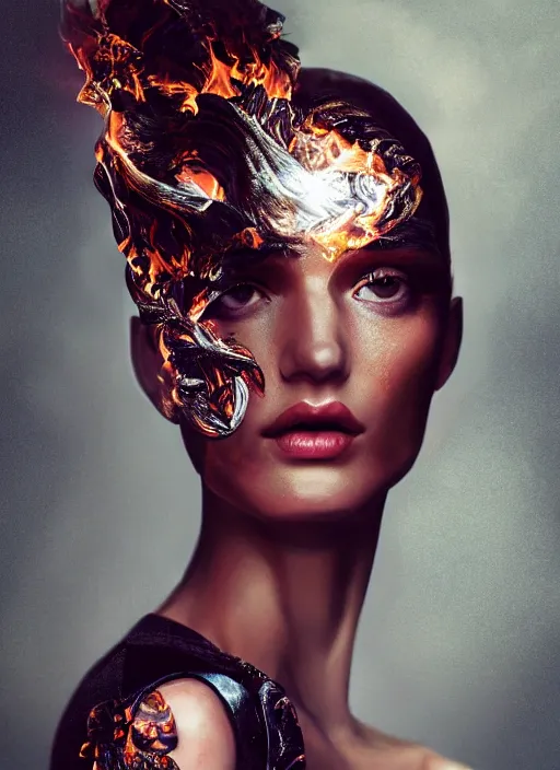 Image similar to 3d fashion portrait with fire, female, future, torch, flame, harper's bazaar, vogue, fashion magazine, intricate, concept art, close up, ornate, luxury, elite, elegant, trending on artstation, by ruan jia, by Kenneth Willardt, by ross tran, by WLOP, by Andrei Riabovitchev,