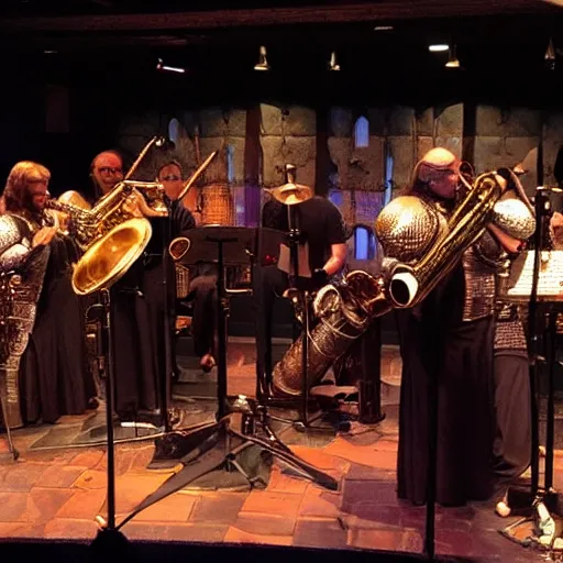 Image similar to medieval armoured knight jazz band on stage at the blue note
