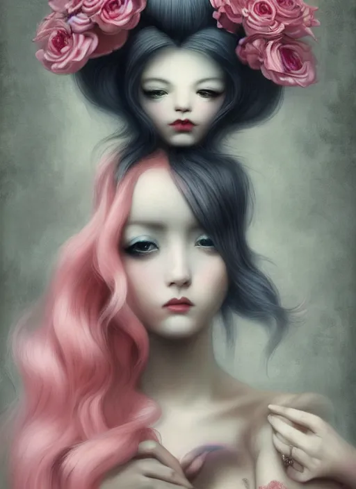 Image similar to pop surrealism, lowbrow art, realistic cute seductive female painting, japanese style, hyper realism, muted colours, rococo, kaname ozuma, natalie shau tom bagshaw, mark ryden, trevor brown style,