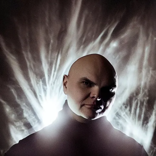 Prompt: the face of billy corgan illuminated by fire, and as if his soul is consumed by darkness, but a single light shines, and the darkness of the night is replaced by the light of justice.