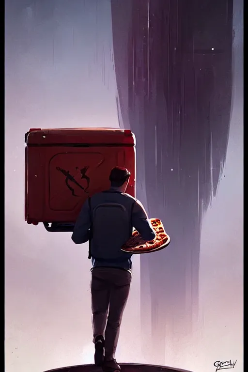 Prompt: greg rutkowski poster sci fi pizza delivery man