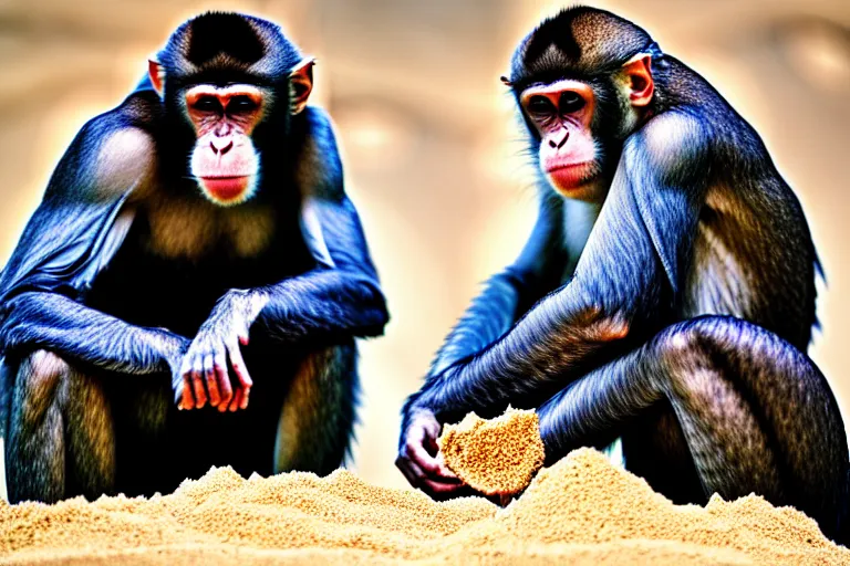 Prompt: a primate touching a completed sand castle