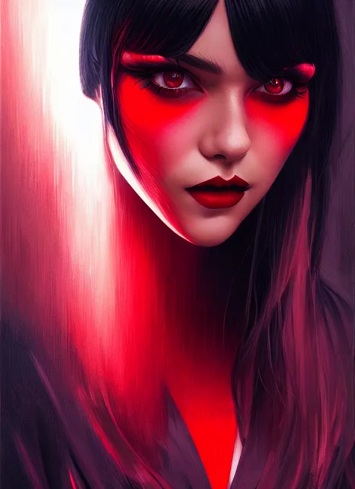 Image similar to portrait of vampire veronica lodge with bangs, vampire fangs, vampire, long hair, red clothes, bangs, vampironica, intricate, elegant, glowing lights, highly detailed, digital painting, artstation, concept art, smooth, sharp focus, illustration, art by wlop, mars ravelo and greg rutkowski