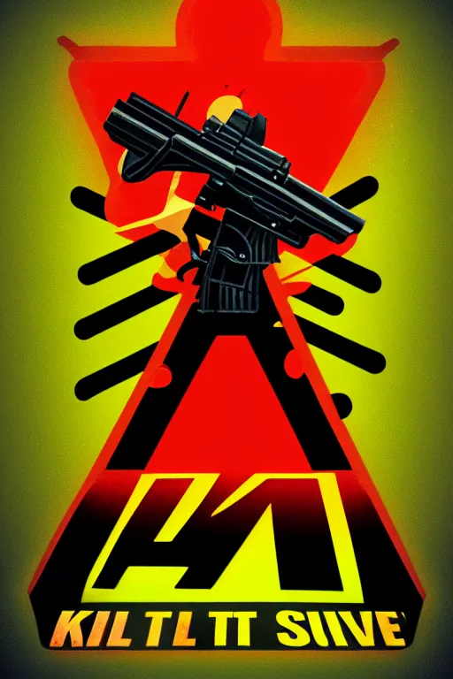 Image similar to kill to survive, shoot to kill logo. pop art, no duplicate image, glowing lights, highly detailed, digital painting, artstation, concept art, smooth, sharp focus, illustration, art by richard hamilton and mimmo rottela