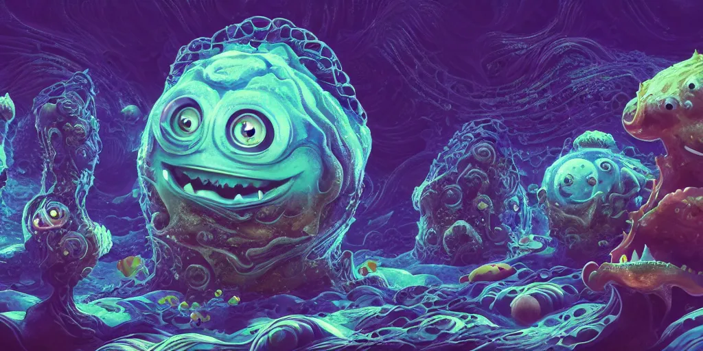 Image similar to of an intricate deep sea with strange cute friendly happy creatures with huge eyes, long tongue, round teeth and goofy funny face, appearing from the background, in the style of gehry and gaudi, macro lens, shallow depth of field, ultra detailed, digital painting, trending artstation, concept art, illustration, cinematic lighting, photorealism, epic, octane render