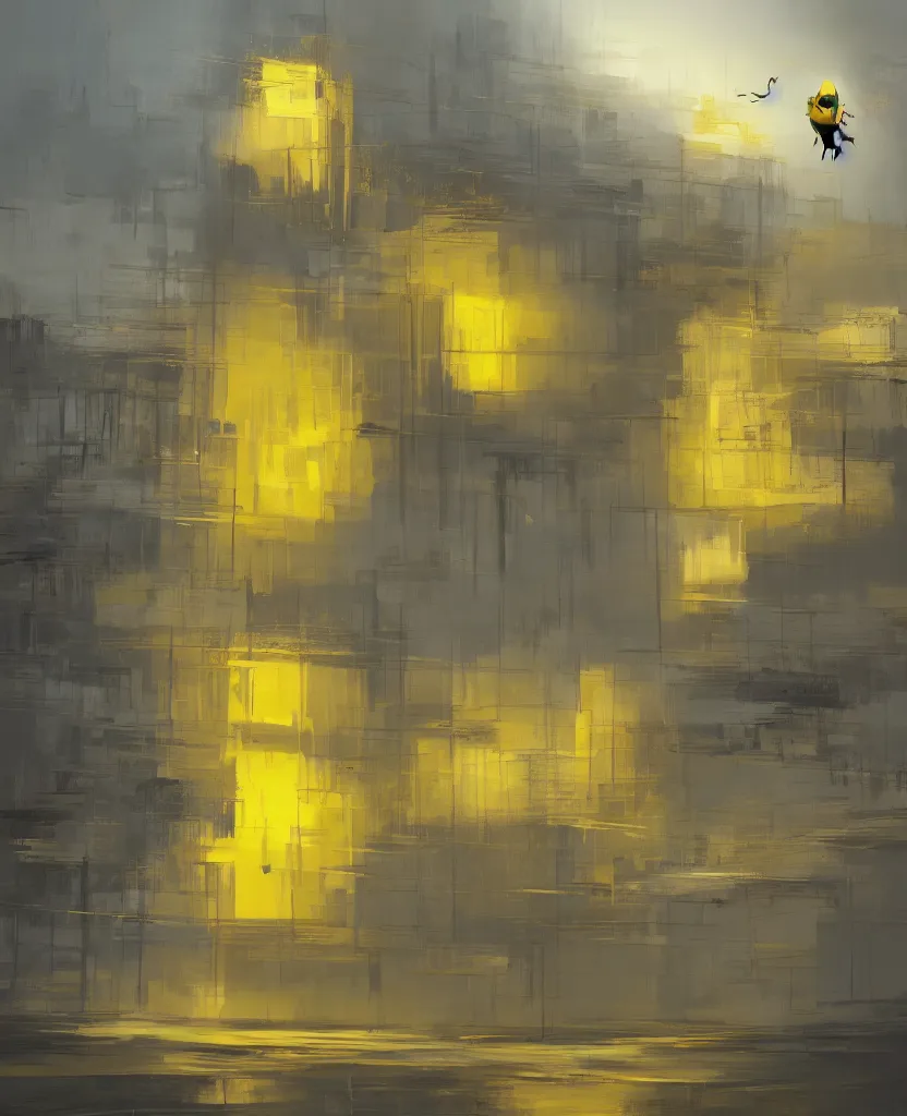 Image similar to a painting of a yellow building floating in the air, concept art by kamal ud - din behzad, artstation, maximalism, official art, concept art, 2 d game art