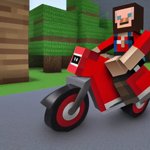Prompt: Steve from Minecraft riding a red motorcycle in the street , ultra realistic photo, real