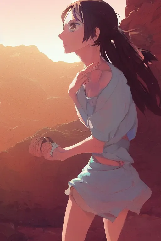 Image similar to a girl hiking in the desert, mid shot, fine - face, realistic shaded perfect anatomy, fine details. night setting. very anime style. realistic shaded lighting poster by ilya kuvshinov katsuhiro, magali villeneuve, artgerm, jeremy lipkin and michael garmash, rob rey and kentaro miura style, trending on art station