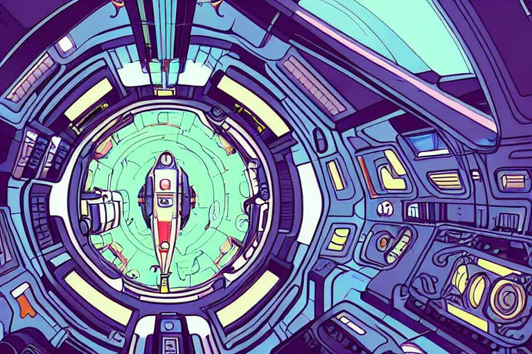 Image similar to a scifi illustration, hyper detailed spaceship interior. top down view. flat colors, limited palette in FANTASTIC PLANET La planète sauvage animation by René Laloux