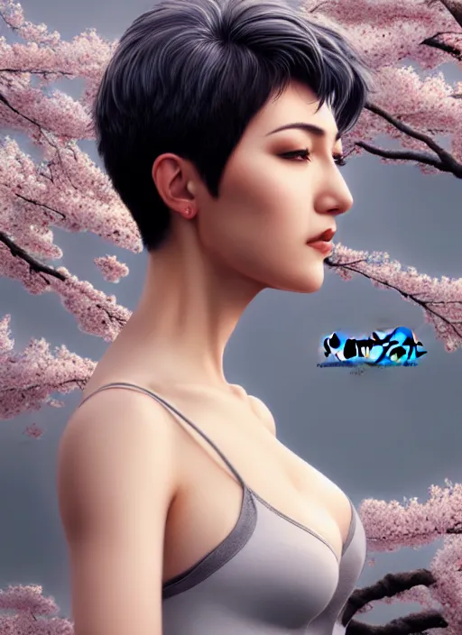 Image similar to photo of a gorgeous female with short gray hair in the style of stefan kostic, realistic, body shot, sharp focus, 8 k high definition, insanely detailed, intricate, elegant, art by stanley lau and artgerm, cherry blossoms