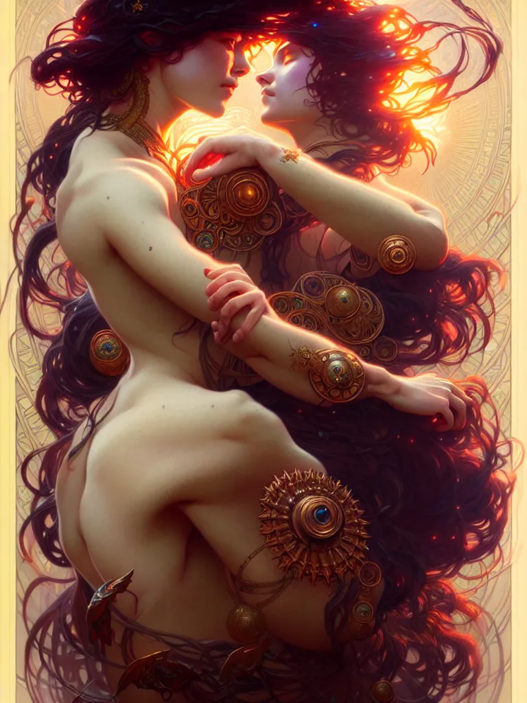 Image similar to ultra realistic, awakening of the cosmic goddess, intricate details, eerie, artstation, highly detailed, 8k, art by artgerm and greg rutkowski and alphonse mucha