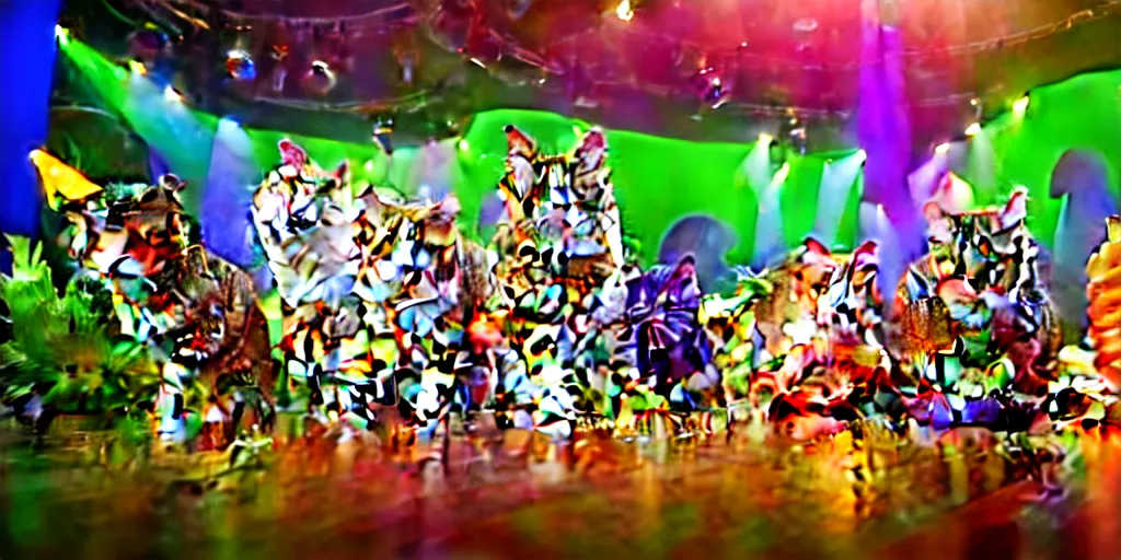 Image similar to 8 k uhd cinema 4 d, octane render of multiple cats dressed as vegetables with vegetables as masks, vegetables dressed as cats with fluffy tails, line dancing at a party, in the ballroom of a luxury cruise liner, beautiful chandeliers from the ceiling, ultra realistic, group photography, 1 0 5 mm lens, multi coloured volumetric lighting