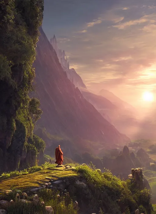 Prompt: a cosmic monk in lord of the rings scenery landscape, looking out at a vast lush valley at sunrise, huge temple in the distance, god's rays, highly detailed, vivid color, cinematic lighting, perfect composition, 8 k, gustave dore, derek zabrocki, greg rutkowski, belsinski, octane render