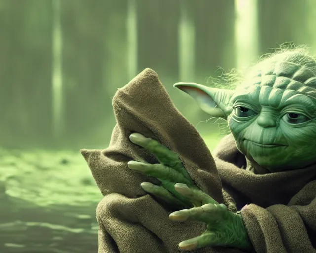 Image similar to 4 k hd, high resolution photograph of yoda meditating in dagobah, shot with sigma f / 4. 2, 2 5 0 mm sharp lens, wide shot, high level texture render