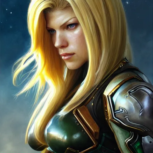 Image similar to beautiful Katheryn Winnick as Samus Aran, western, closeup, D&D, fantasy, intricate, elegant, highly detailed, digital painting, artstation, concept art, matte, sharp focus, illustration, art by Artgerm and Greg Rutkowski and Alphonse Mucha