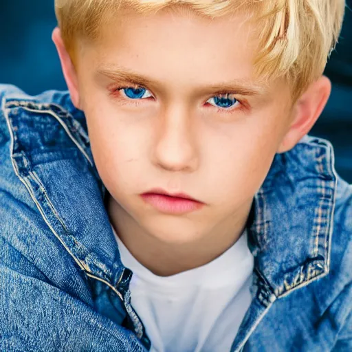 Image similar to a closeup portrait of a boy with blonde hair and light blue eyes. Extremely clear and high quality eyes with reflection, realistic face and details, clear lips and high quality