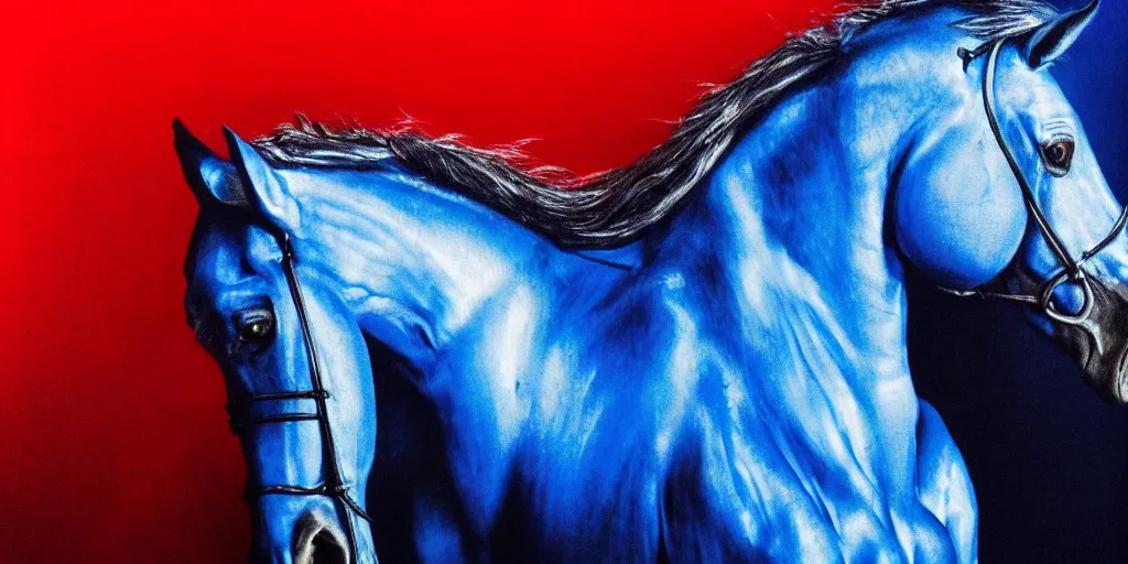 Prompt: blue ney motogrosso in love with a red stallion, too many hands in all directions, too many teeth, too many eyes, in hoc signo vinces, waterfall, in the style of gottfried helnwein, high contrast chiaroscuro, intricate composition, blue light, insanely quality, highly detailed, masterpiece, red light, artstation