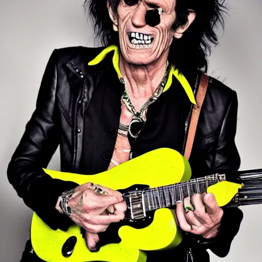 Image similar to Murdoc is based on Keith Richards of The Rolling Stones.sickly green colored skin, and yellow colored eyes, with a red pupil in his right eye. He also has a misshapen nose and sharp yellow teeth and a large grin. He has a black mop top that covers a portion of his face and hides his eyebrows, wearing a grey or black sweater and grey or blue jeans with cuban heel boots and an inverted cross necklace. He sometimes wears a purple and red cape