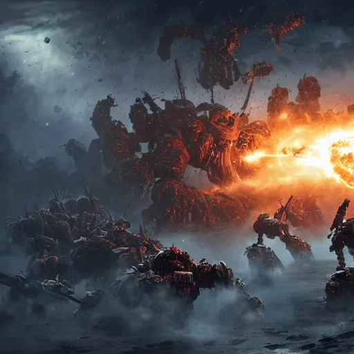Image similar to a group of space marines battling against an eldritch abomination, high detail, warhammer, cinematic, high resolution, concept art, dark atmosphere, fog, trending, stunning shot