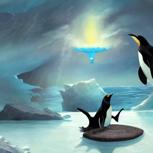 Prompt: penguins diving off a ice berg into a smiling orcas mouth , fantasy art, misty, artstation, concept art, smooth, illustration,