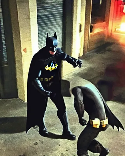 Prompt: Batman caught beating up a random guy in Gotham, secuirty cam footage, low quality footage, leaked footage, viral on instagram, viral on twitter, snapchat photo